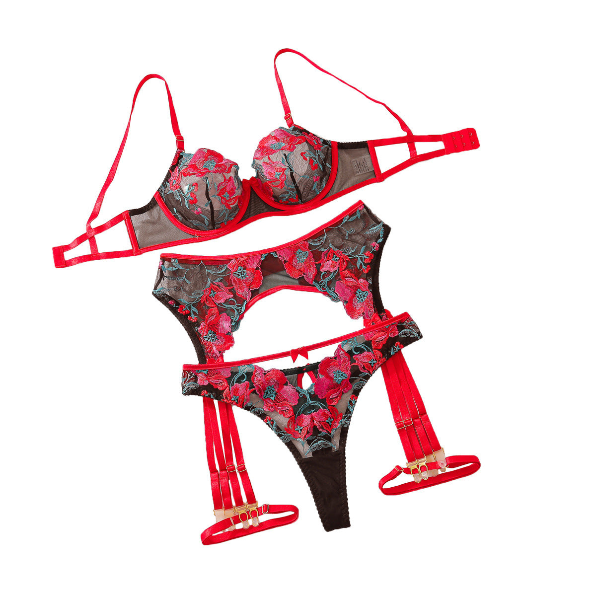 Sexy Mesh Embroidered Bra Set with Hollow Out Perspective Temptation and Sexy Underwear Four Piece Set