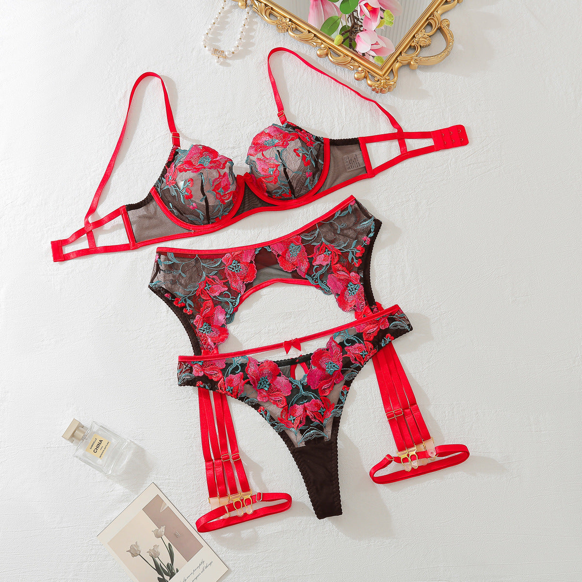 Sexy Mesh Embroidered Bra Set with Hollow Out Perspective Temptation and Sexy Underwear Four Piece Set
