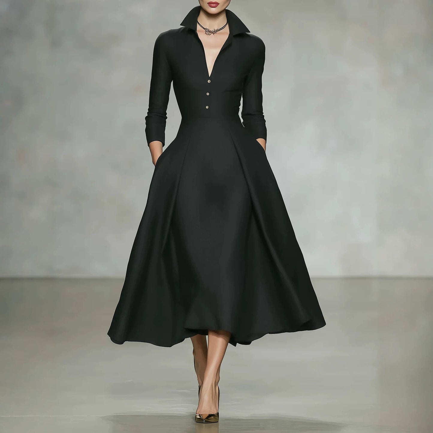 V-neck waist cinched long sleeved dress